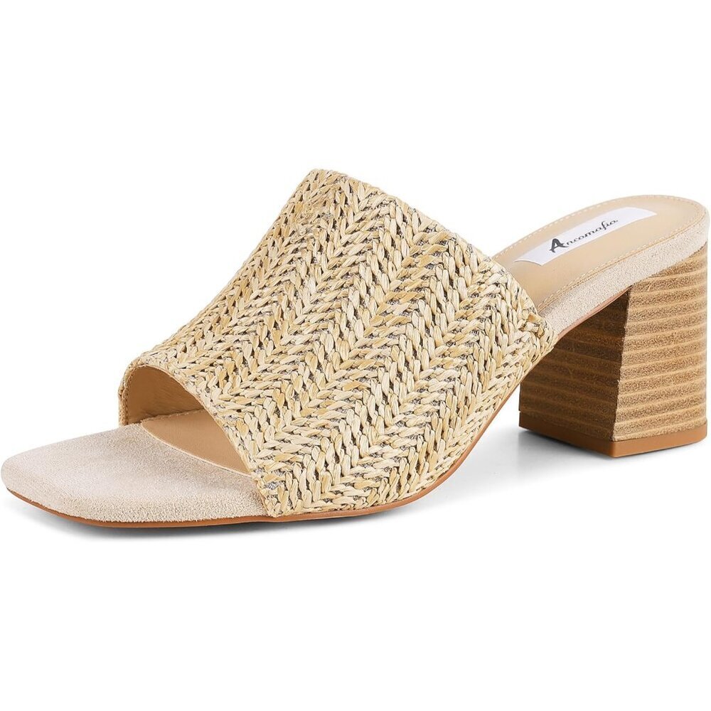 Women's Natural Raffia Chunky Heels Square Toe Mules Block Heeled Rubber Sandals